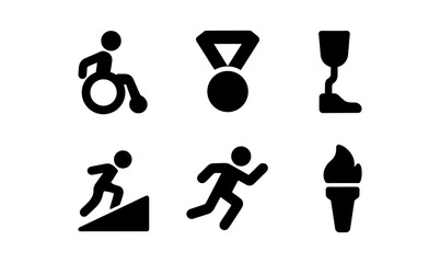 Accessible sports symbols: medal, torch, wheelchair, prosthetic, athletes running and climbing