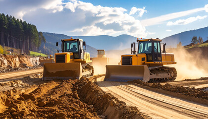 Heavy industrial equipment, a yellow bulldozer, and an excavator dig dirt on a construction site