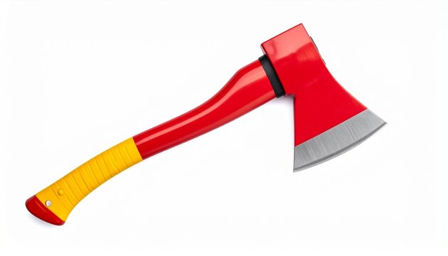 Render a stylized axe with red head and handle, yellow grip, and sharp silver blade edge, isolated on white background, emphasizing bold color contrast, modern design, and tool-like silhouette.
