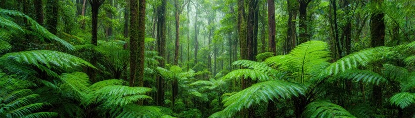 A lush, green forest filled with tall trees and ferns, creating a serene and tranquil atmosphere, perfect for nature lovers and explorers.