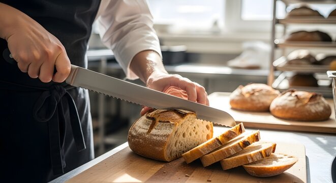 Hands slicing freshly baked artisan bread with a serrated knife on a wooden cutting board in a professional kitchen. - Powered by Adobe