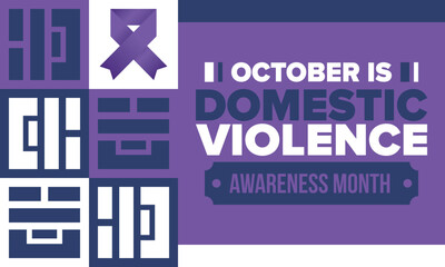 Obraz premium Domestic Violence Awareness Month in October. Celebrate annual in United States. Awareness purple ribbon. Day of Unity. Prevention campaign. Stop women abuse. Poster, banner and background. Vector