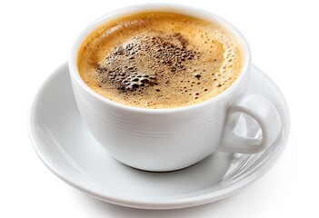 A delicious cup of coffee with creamy foam on a white saucer