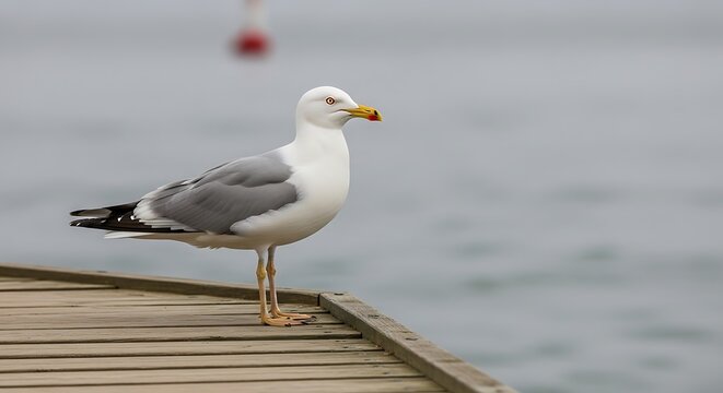 Seagull standing on wooden pier near the sea. - Powered by Adobe