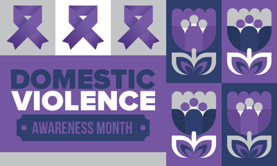 Domestic Violence Awareness Month in October. Celebrate annual in United States. Awareness purple ribbon. Day of Unity. Prevention campaign. Stop women abuse. Poster, banner and background. Vector