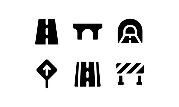 Minimalist transportation icons set featuring roads, bridges, and tunnels