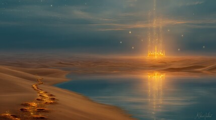 Magical Desert Landscape with Glowing Castle and Reflective Water Under Night Sky