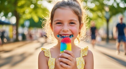 Joyful little girl eating a colorful popsicle outdoors.