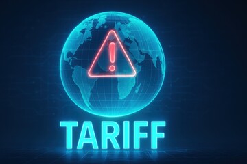 Global market tension. Global tariff warning with a symbolic globe and alert icon in neon style.