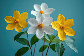 Fototapeta premium Soft Yellow and White Flowers with Green Leaves