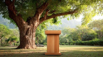 Wooden podium stands beneath a large tree in a park.