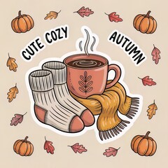 Cute cozy autumn doodle vector sticker