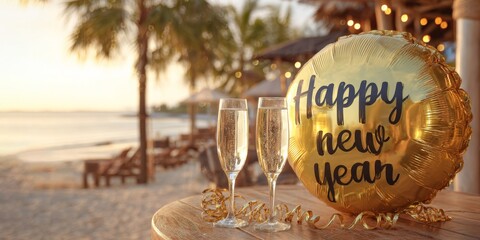 happy new year 2026, new year's eve party holiday vacation celebration greeting card with text - Golden balloon, champagne glasses on table at the ocean beach