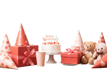 ピンクの誕生日パーティーギフトボックスケーキとテディベア透明背景デザイン