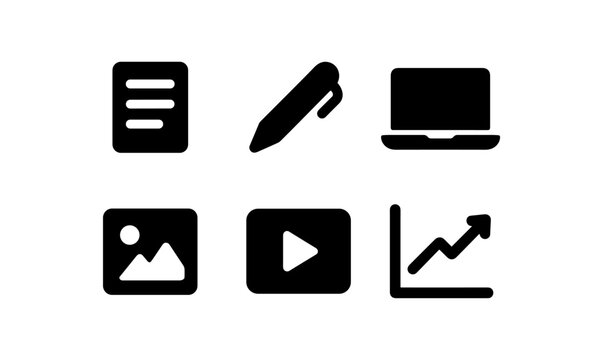 Modern black icon set for digital tools and media applications