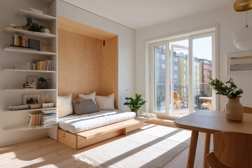 Minimalist Micro Apartment with Scandinavian Design and Multifunctional Furniture in Bright Natural Light