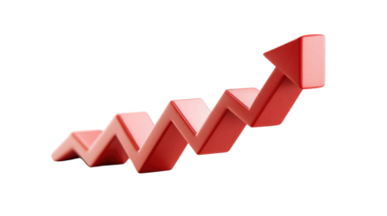Rising Arrow: A vibrant red arrow ascends, its zig-zag path symbolizing growth and progress, representing a dynamic visual metaphor for upward trends and achievements.