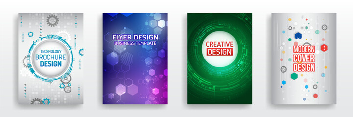 Obraz na płótnie Canvas Futuristic brochure templates on digital, engineering, medical and innovation topics. Set of modern technology cover designs with gears, hexagons and diagrams.