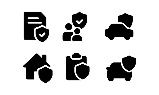 Essential insurance icons set: home, car, document, and health protection symbols