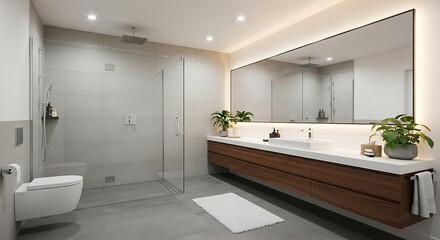 Fototapeta premium Modern Bathroom Design with Walk-in Shower and Large Mirror.