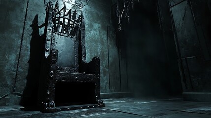 Dark Throne in Dungeon Iron Cage and Stone Walls Under Eerie Light