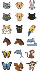 Obraz premium Cute, colorful line art illustrations of various animal heads and full figures against a simple white background. The friendly, cartoonish style creates a cheerful and playful atmosphere.