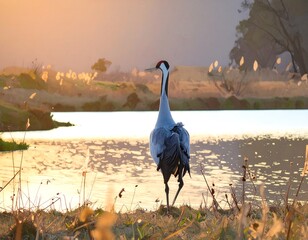 Crane at sunrise by a tranquil lake