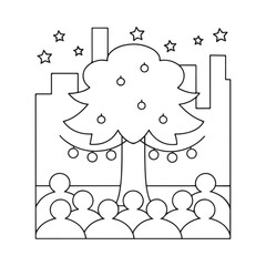 Christmas tree in a city square with people gathered beneath stars crowd