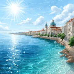 Fototapeta premium Seaside Town Illustration: Coastal Architecture, Sunlit Waters, and Blue Skies