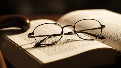 Reading glasses rest on an open, antique book, illuminated by soft light, with a gavel visible nearby, hinting at a narrative of law, history, or scholarly reflection.