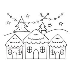 Fototapeta premium Cozy winter village with decorated Christmas trees and string lights Keywords: cartoon, village, houses, winter, snow, trees, Christmas tree, string lights, garland, stars, cute, simple, outline
