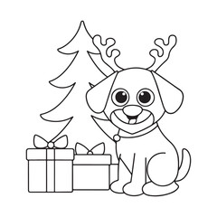 Adorable cartoon puppy with reindeer antlers by Christmas tree and gifts vector illustration
