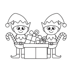 Two Christmas Elves with Gifts and Candy Canes Coloring Page Keywords: christmas elves, gifts, presents, candy canes, christmas, holiday, winter, cartoon, drawing, outline, illustration, children