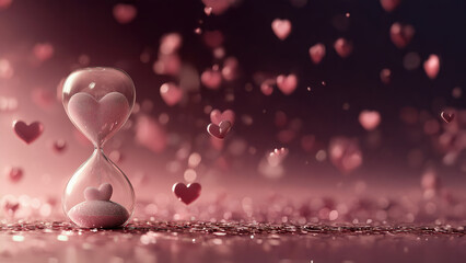 Fototapeta premium Romantic Heart-Shaped Sand Hourglass Surrounded by Floating Hearts and Glittery Pink Accents, symbolizing forever love and commitment, design for lovers and Valentines's Day