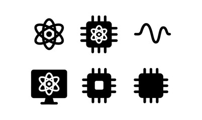 Minimalist technology icons set: atom, microchip, and wave symbols