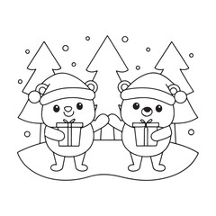 Two Bears with Gifts in Snowy Forest Coloring Page Keywords: bears, christmas, gifts, presents, snow, winter, forest, trees, christmas trees, santa hats, cartoon, drawing, outline, illustration