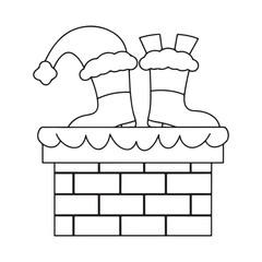 Santa's Boots and Hat on a Chimney Coloring Page Keywords: santa claus, boots, hat, chimney, christmas, holiday, winter, snow, rooftop, roof, brick, cartoon, drawing, outline, illustration