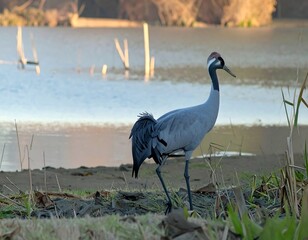 Crane by a serene lake
