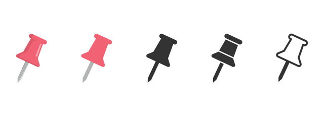Vector push pin set in red, black, and outline styles. Thumbtack icons perfect for office stationery, corkboards, reminders, notes, maps, and digital design projects