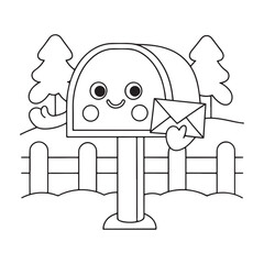 Happy Mailbox Character with Envelope Line Art fence trees