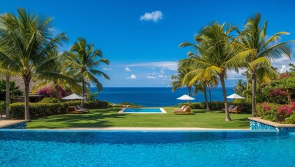 Obraz premium Swimming pool with palm trees at a tropical resort near the beach and ocean