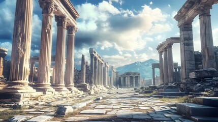 Ancient Roman ruins with grand columns and a stone pathway Keywords: ancient, ruins, roman,... photo