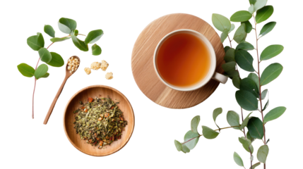 Tea and Serenity: A top-down studio shot of an inviting cup of tea and its complementary botanical elements, promoting relaxation and calmness