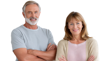 Serene Portrait of a Smiling Couple: A tranquil portrait of a mature couple radiates warmth and contentment, their smiles mirroring a lifetime of shared experiences.