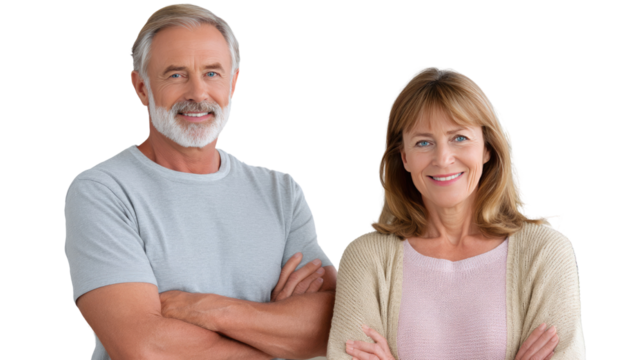 Serene Portrait of a Smiling Couple: A tranquil portrait of a mature couple radiates warmth and contentment, their smiles mirroring a lifetime of shared experiences.
