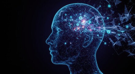 Human head silhouette with glowing brain activity on a dark background.