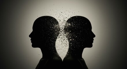 Two head silhouettes facing opposite directions with a dissolving effect in between.