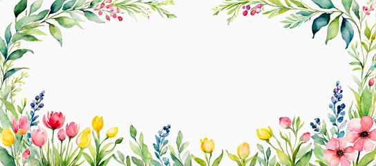 Obraz premium Watercolor floral frame with leaves on white background. Spring flowers border with space for text. Flower and leaf frame for card design. Vibrant flower frame for invitation or banner.