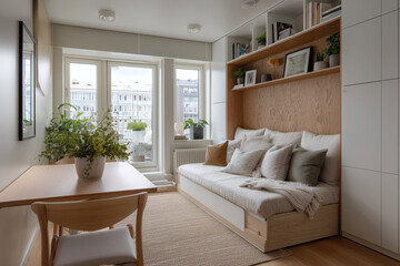 Minimalist Micro Apartment with Scandinavian Design and Multifunctional Furniture in Bright Natural Light