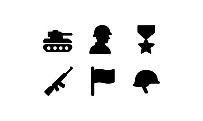 Obraz premium Military icons set: tank, soldier, medal, rifle, flag, helmet